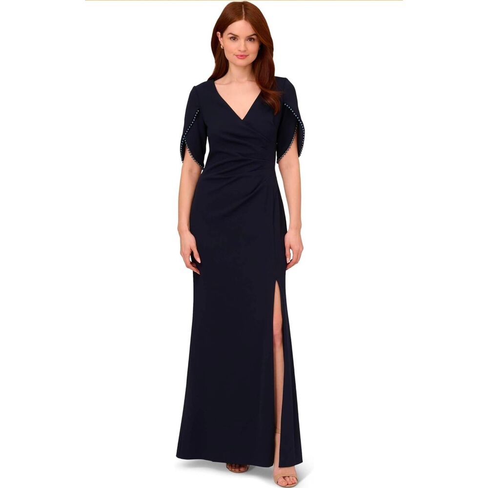 Adrianna Papell Navy Tulip Sleeve Stretch Crepe Column Gown with Pearl Trim Deta